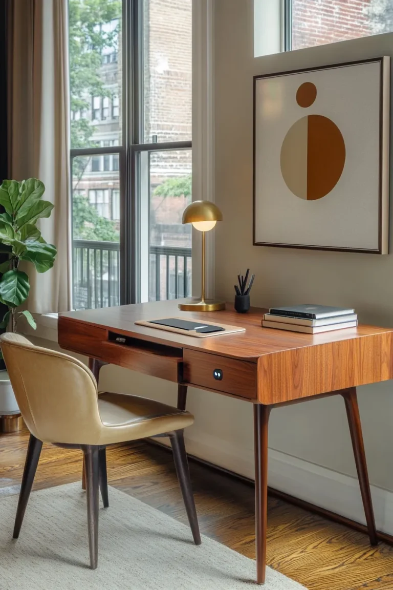 Escritorio con madera y grandes ventanas