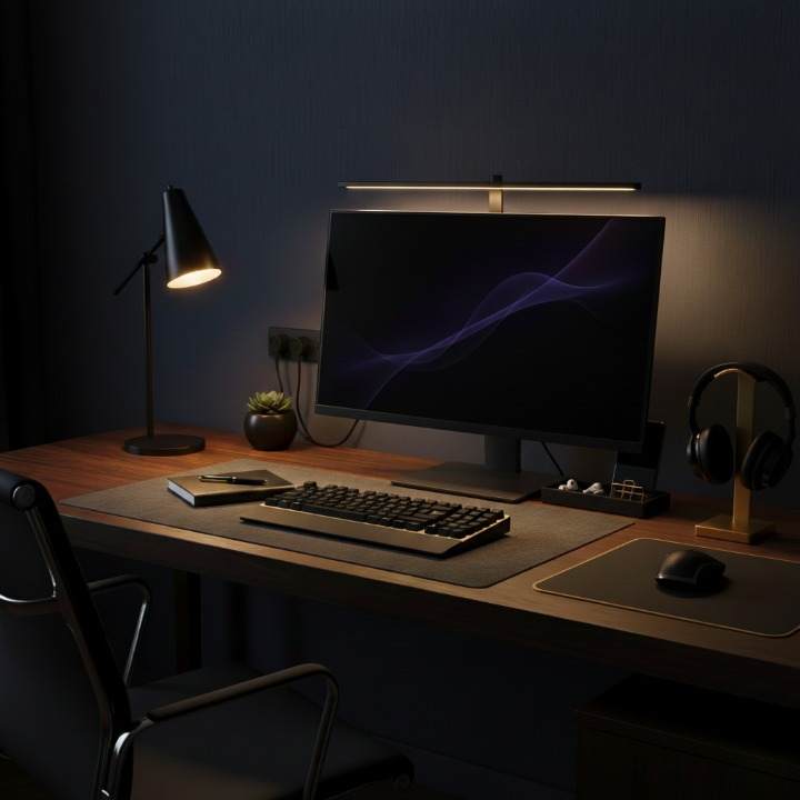 Escritorios modernos de estilo nocturno con iluminación ambiente